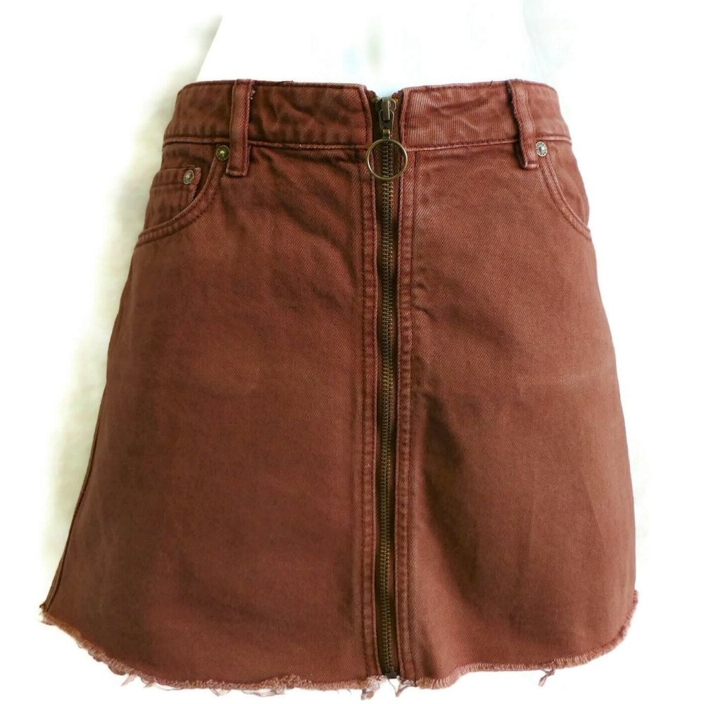 Free People Mini Skirt Denim Rust Full Zip Ring Raw Hem 28